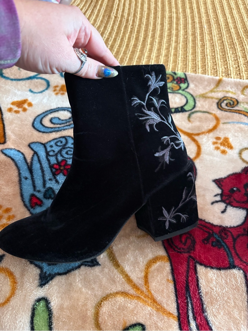 Kenneth Cole Black Velvet Embroidered Ankle Boots